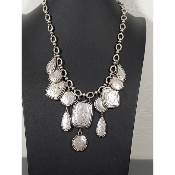 Chicos Reversible Golden Silver Tone Textured Bib Statement Necklace 22 in - Picture 2 of 11